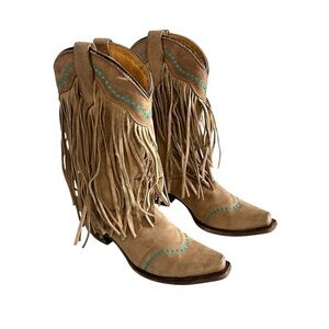 Corral Teens Girls Leather Fringe Snip Toe Western Boots Size 4.5 Tan Turquoise